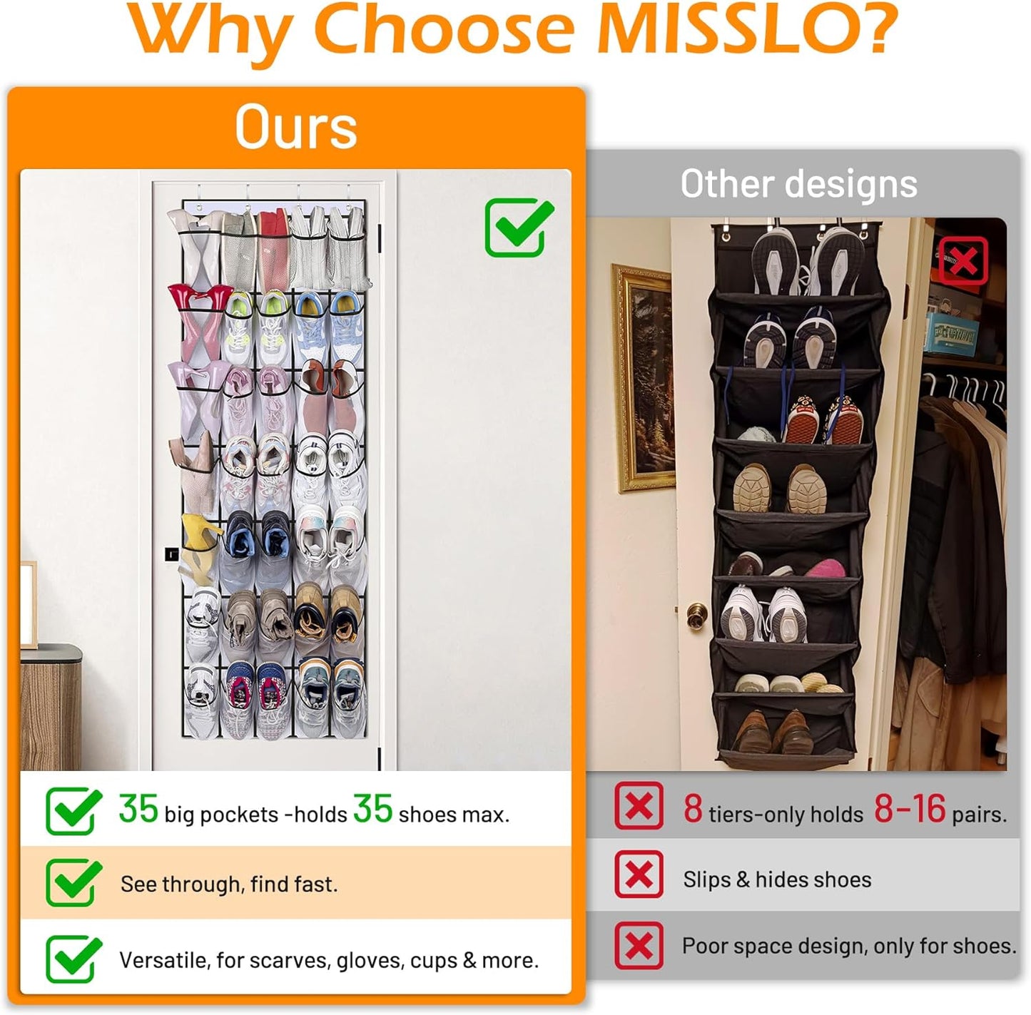 MISSLO Over The Door Shoe Organizer - 35 Large Pockets, Sturdy Oxford Fabric, White Hanging Rack