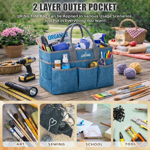 JJRING Large Art Supply Tote Bag - Sturdy Craft Organizer with 2 Mesh Pockets & Elastic Front | Green, Foldable Design