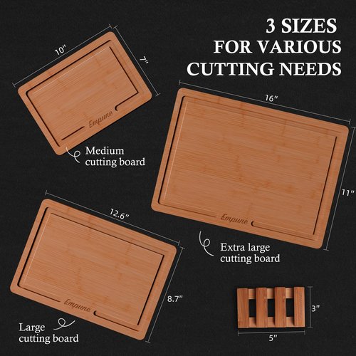 Empune Bamboo Cutting Board Set, Wood Cutting Boards for Kitchen with Holder Wooden Chopping Board for Meal Prep & Serving, Brown