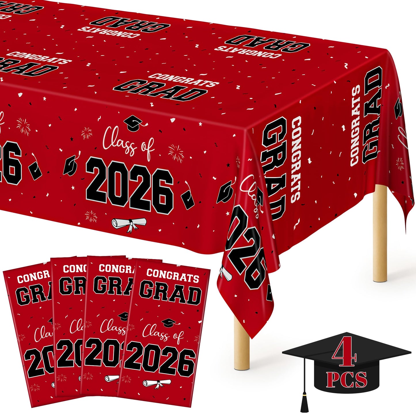 QZYL 4 Pack Graduation Table Cloth, 54" x 108" Red 2026 Graduation Table Decorations, Disposable Grad Party Decorations for College, Rectangle Plastic Tablecloth for Class of 2026 Congrats Grad