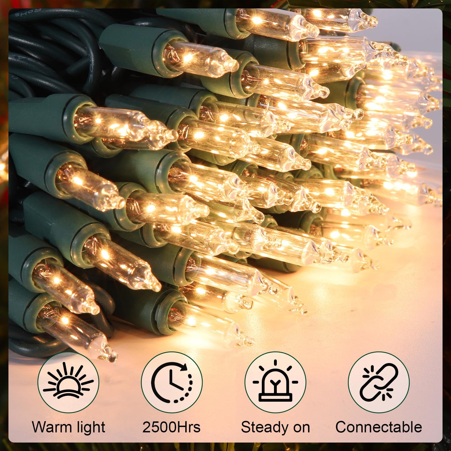 Meteds Christmas Lights 50 Count Clear Mini Lights Green Wire UL Certified Connectable Warm White String Lights for Christmas Decor (50 Count 13FT)