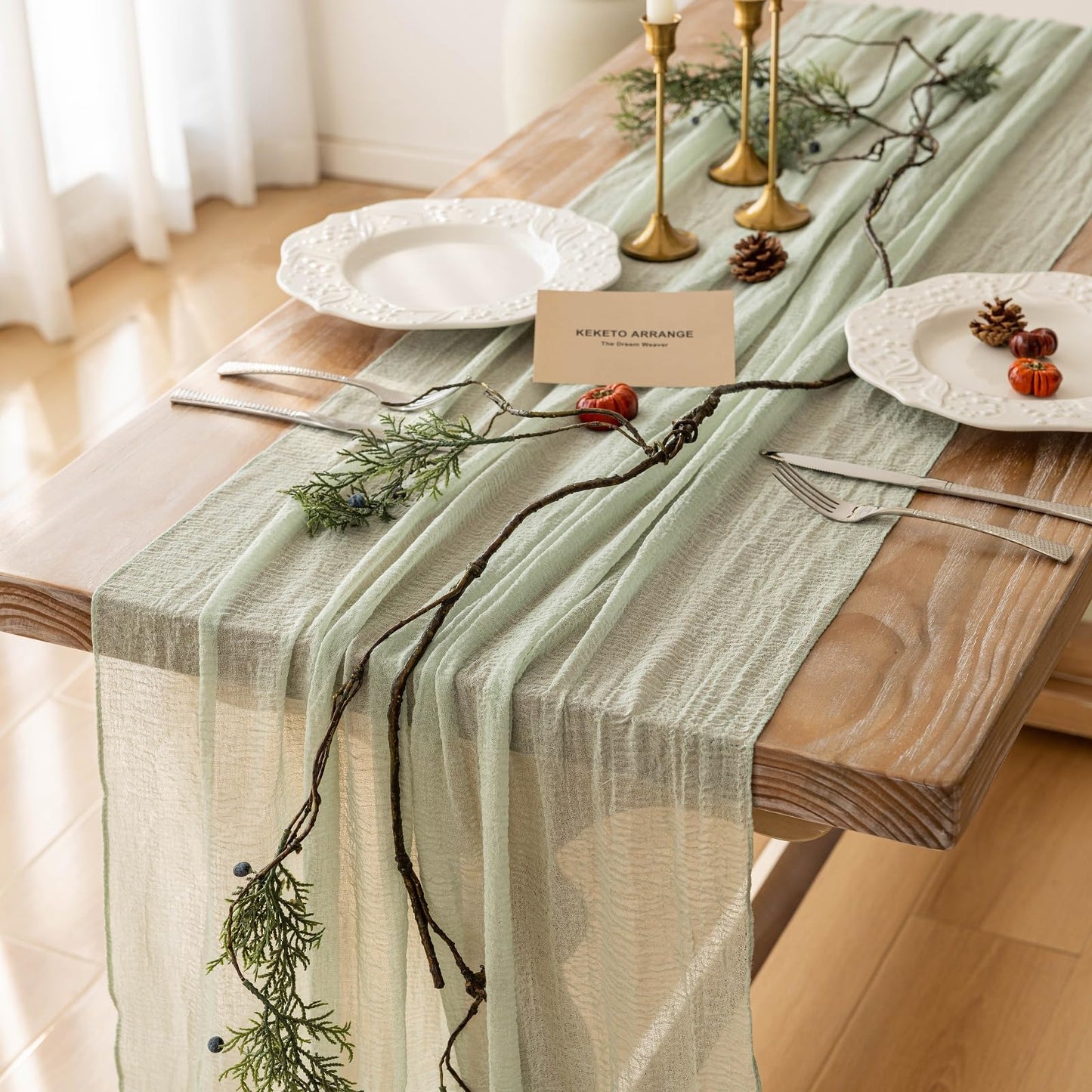 Keketoarrange 10pcs Sage Green Spring Easter Cheesecloth Table Runner 120 Inch 10 FT Rustic Boho Cheese Cloth Runner for Wedding Baby Shower Bridal Shower Sheer Gauze Centerpiece Home Decorations
