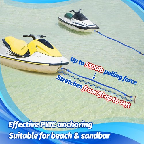7-14FT Bungee Anchor Line - Elastic Dock Line with Shock Absorption & Stainless Steel Hook | Fits Seadoo, Kawasaki, Yamaha PWC