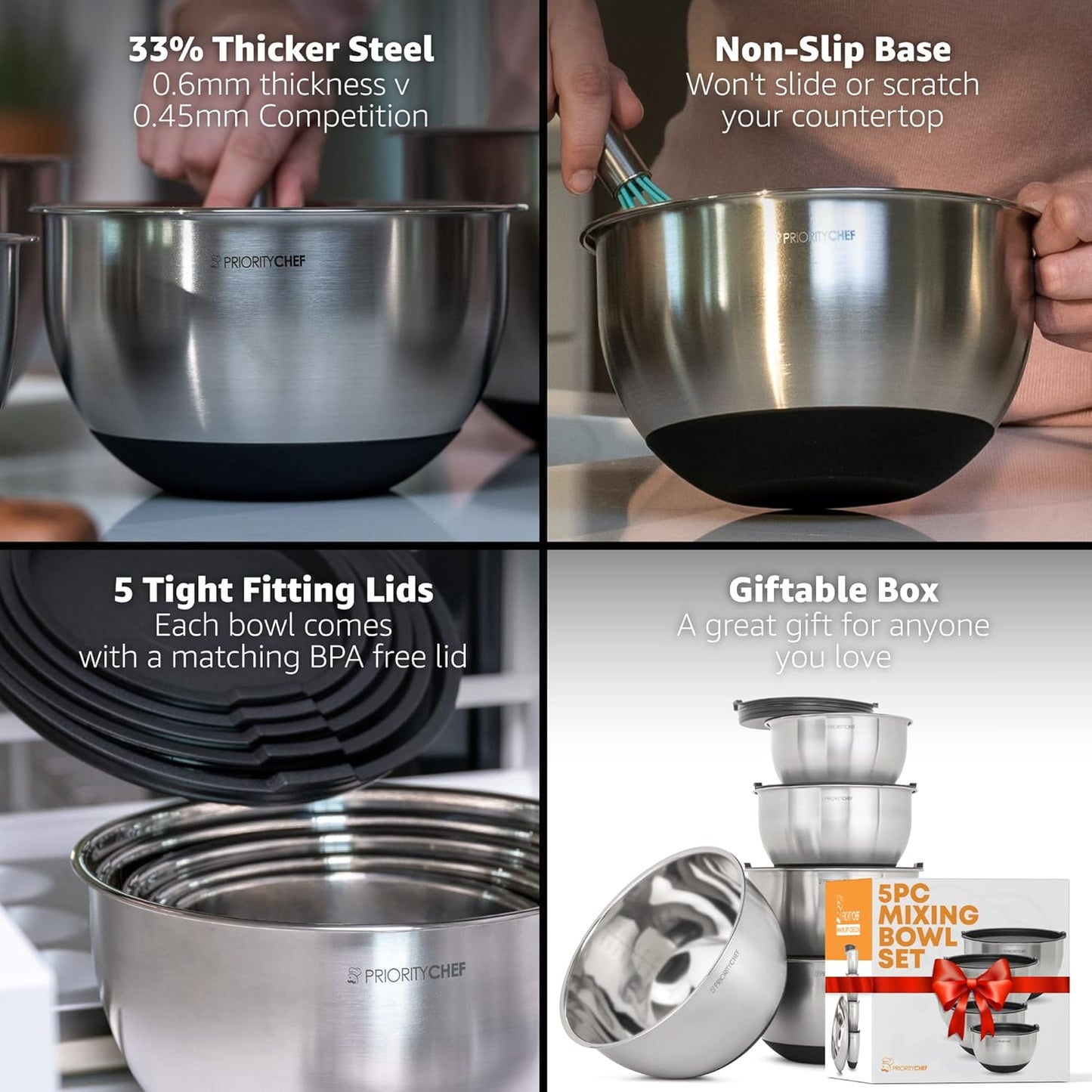 Priority Chef Premium Mixing Bowls Set - Airtight Lids & Non-Slip Base | 5 Nesting Stainless Steel Bowls (1.5-5 Qt) - Black
