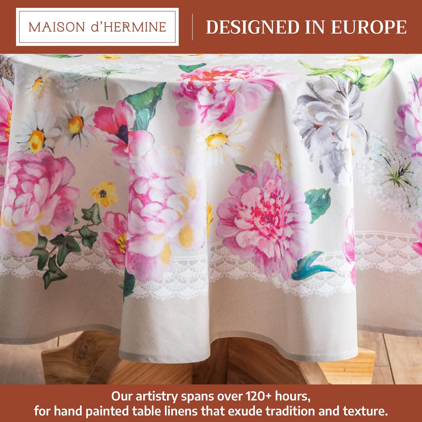 Maison d' Hermine Table Cloth Round Table 100% Cotton 63 Round Inches Tablecloth Reusable Decorative for Dining Kitchen Room Farmhouse Home Gifts for Mothers Day Spring Summer - Pivoine