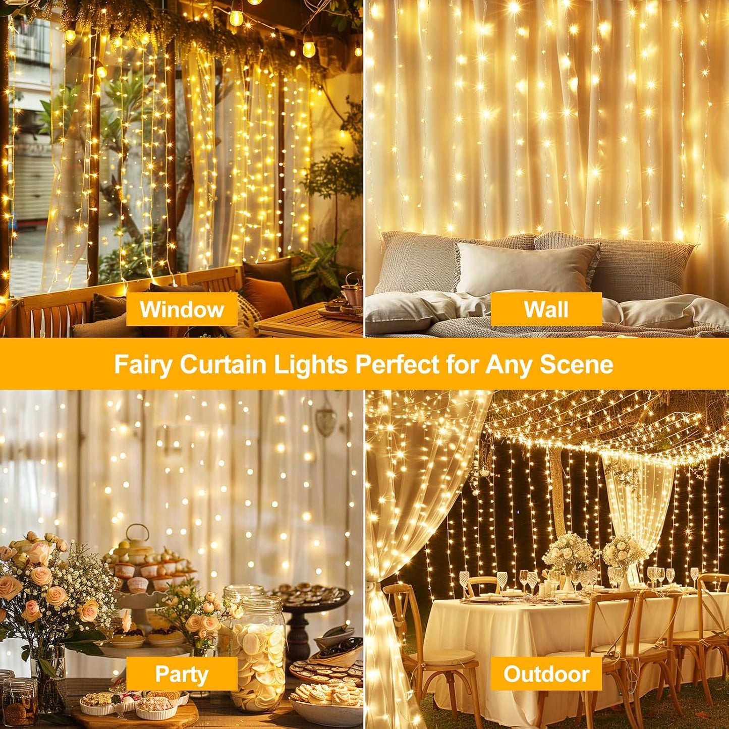 Skiennix 200 LED Fairy Curtain Lights - 6.6 x 6.6 FT Warm White with Remote & 8 Modes for Indoor/Outdoor Decor