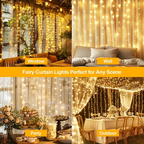 HOLITS 300 LED Fairy Curtain Lights, 9.8 x 9.8FT Warm White USB Plug in 8 Modes Hanging Lights with Remote for Christmas, Bedroom, Indoor, Outdoor, Weddings, Party (Warm White)