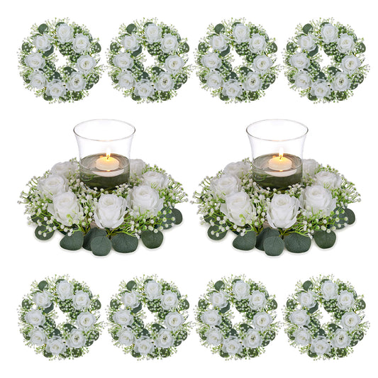 BLOSMON Wedding Flower Rings Centerpiece: 10 Pcs 14 Inch Diam Large Dusty Pink White Rose Babys Breath Fake Flowers Candle Rings Wreaths for Home Party Table Decor Artificial Spring Floral Wreath