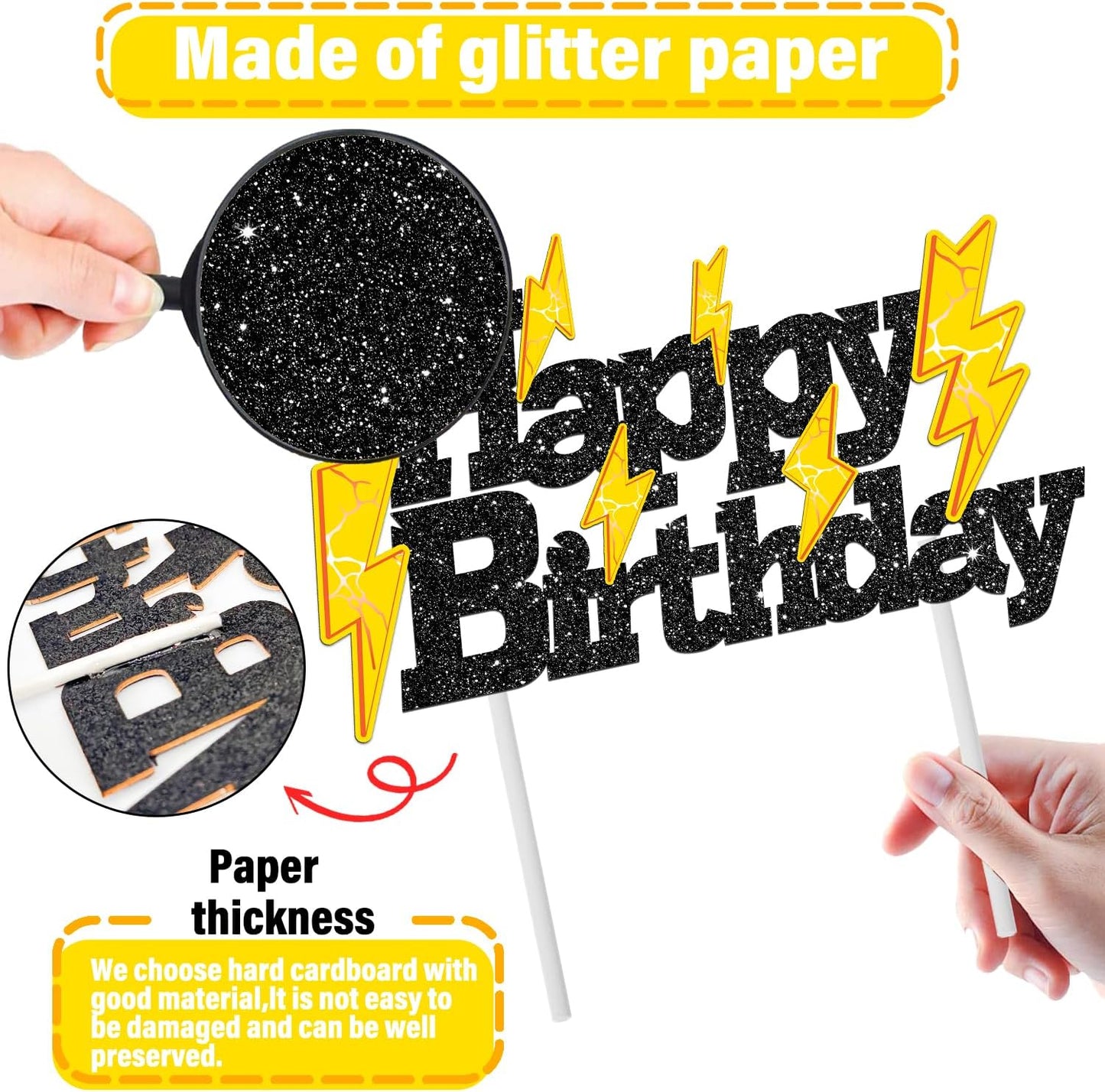 Skiennix Glitter Black Lightning Bolt Cake Toppers - Fun Birthday Party Decorations for Kids