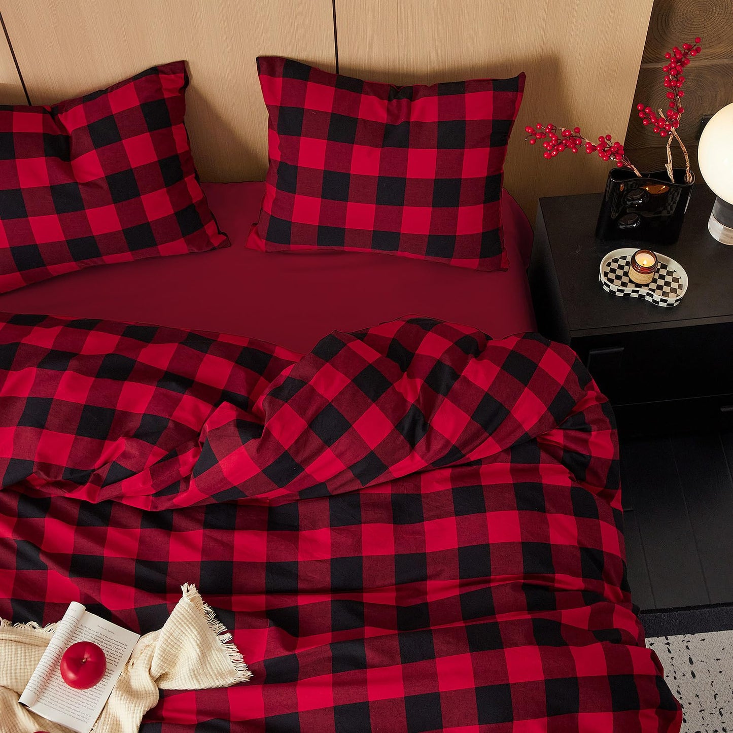 Wake In Cloud - Gingham Cotton Duvet Cover Set, Plaid Buffalo Check Checkered Farmhouse, 100% Washed Cotton Textured Bedding Set, 3 Pieces, Red Black, King Size