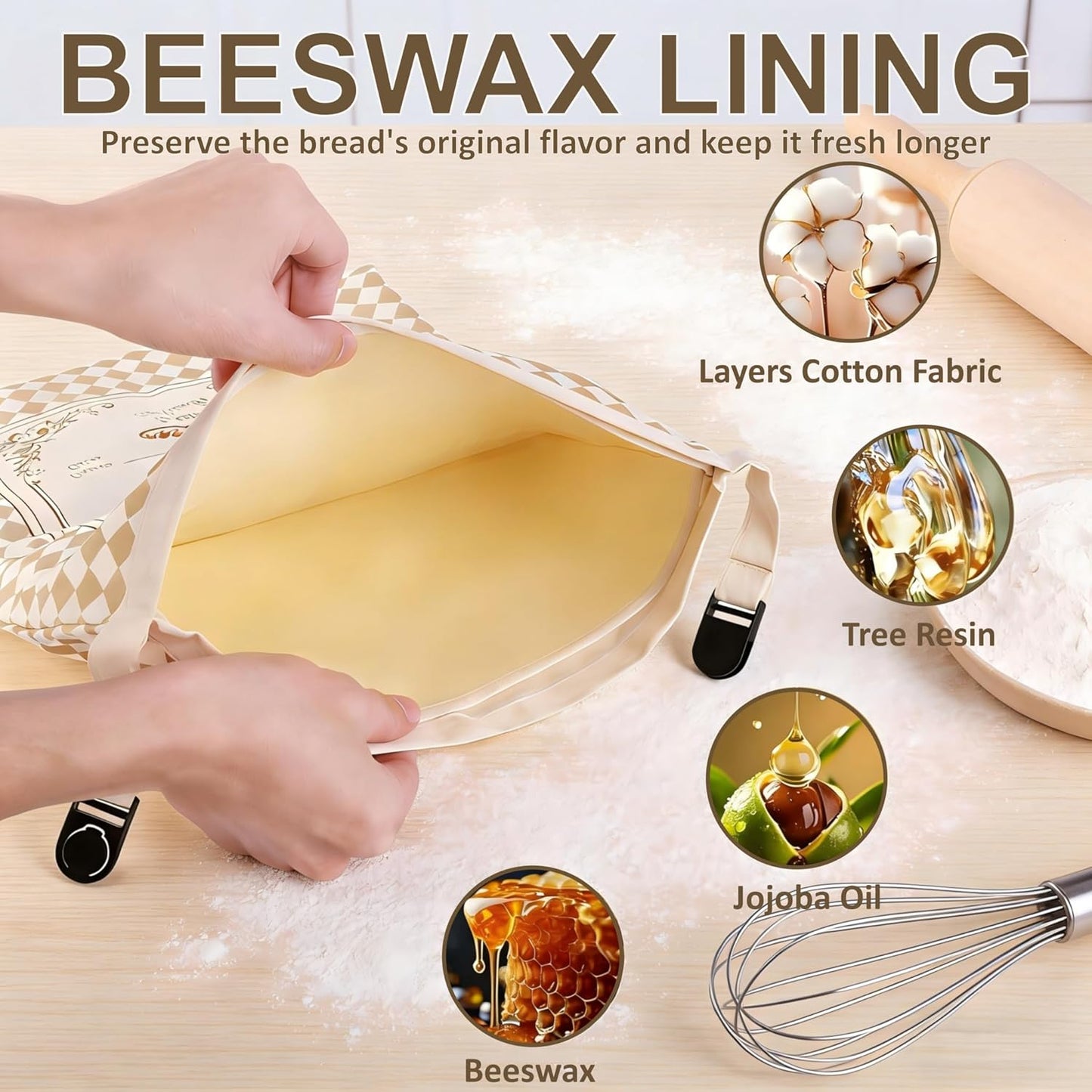Beeswax Bread Bags - 2 Pack Reusable Cotton Storage Bags with Removable Liner | 16x12 Inch for Fresh Sourdough