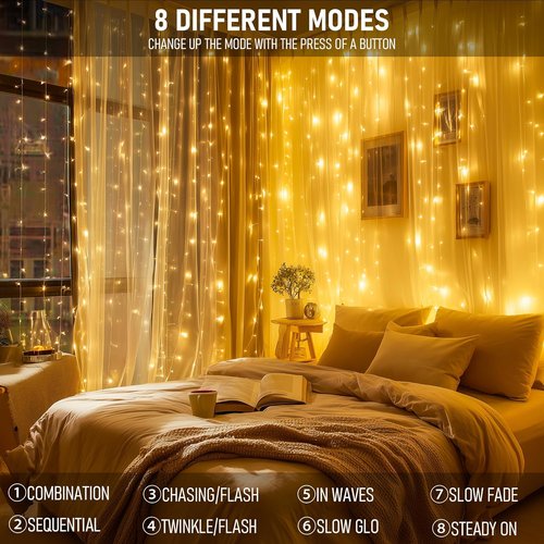 Dazzle Bright 300 LED Curtain Lights - Warm White Fairy Lights for Bedroom & Outdoor Decor
