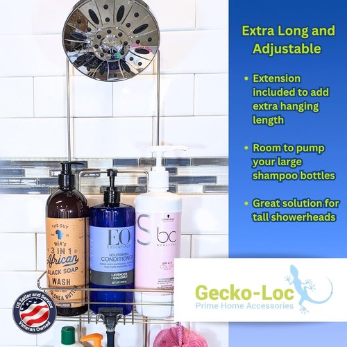 Gecko-Loc Shower Caddy - Extra-Long Adjustable Rustproof Stainless Steel Organizer with Suction Stabilizer & Hooks - Tool-Free Installation (Silver)