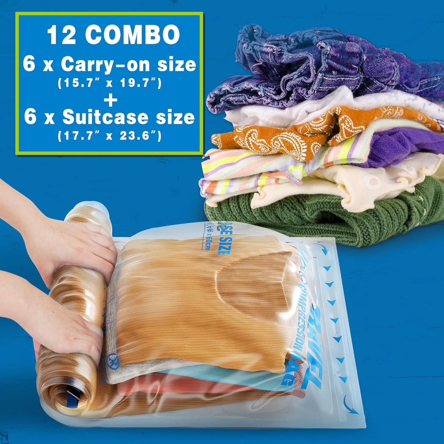 Skiennix Compression Bags - Space-Saving Vacuum Packing for Travel Essentials - 12-Pack
