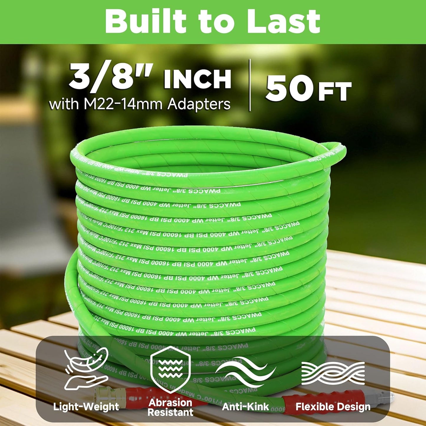 PWACCS Pressure Washer Hose - 50 FT Kink Resistant Steel Braided Hose | Quick Connect M22 14 Fittings, 4000 PSI
