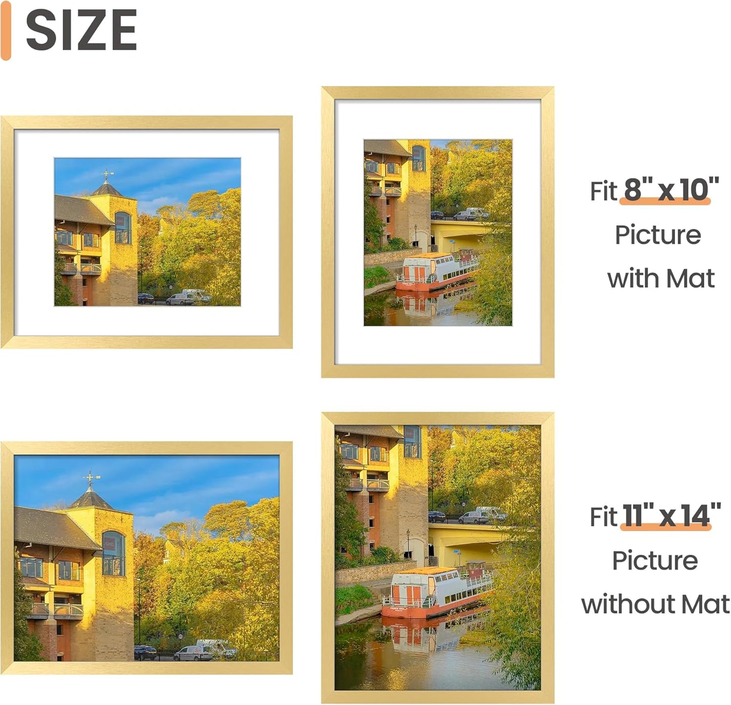 Upsimples 11x14 Picture Frame Set of 5 - Elegant Gold Frames for 8x10 Photos with Mat or 11x14 Without Mat