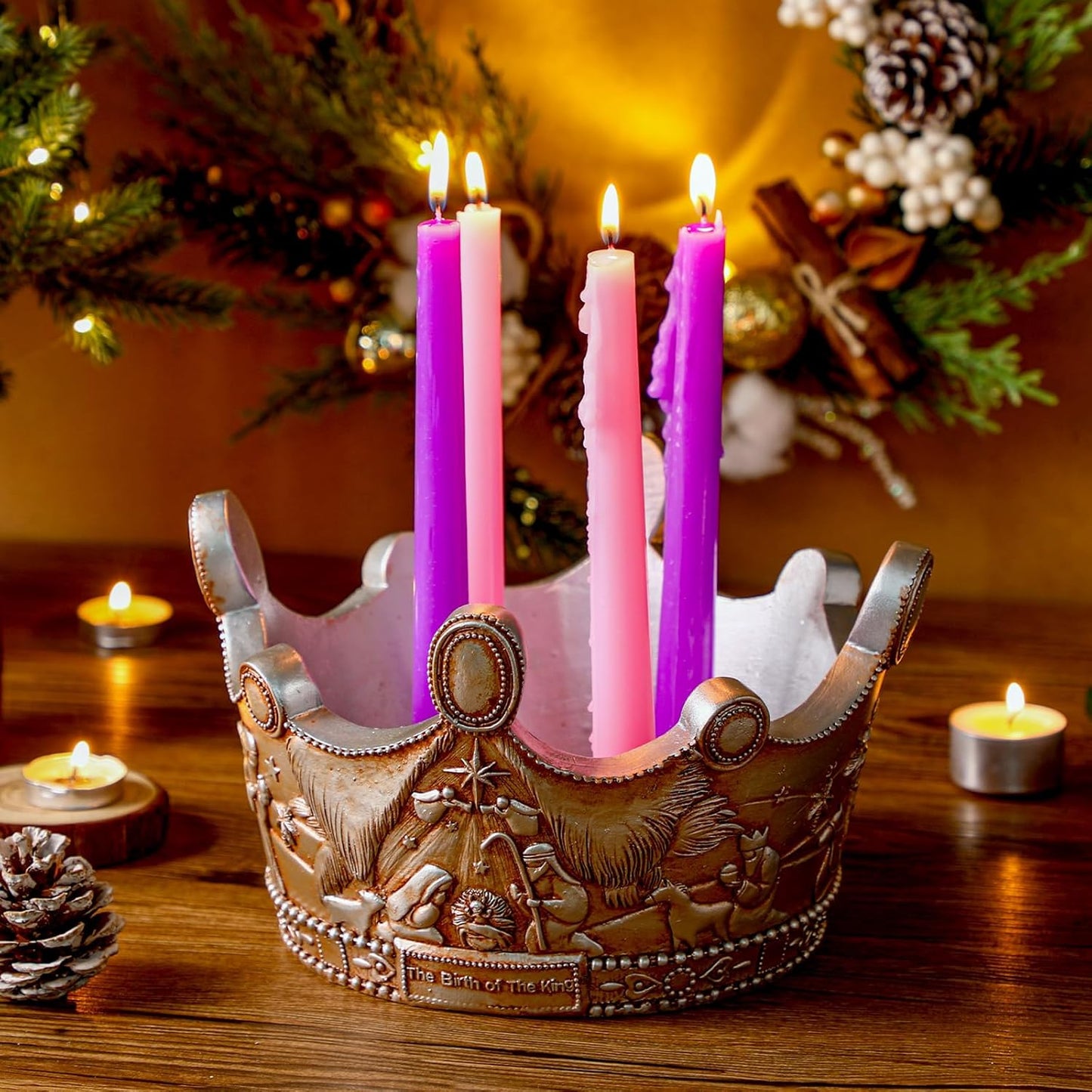 Nativity Advent Candle Holder - 9.4 Inch Resin Christmas Centerpiece with Holy Family Design