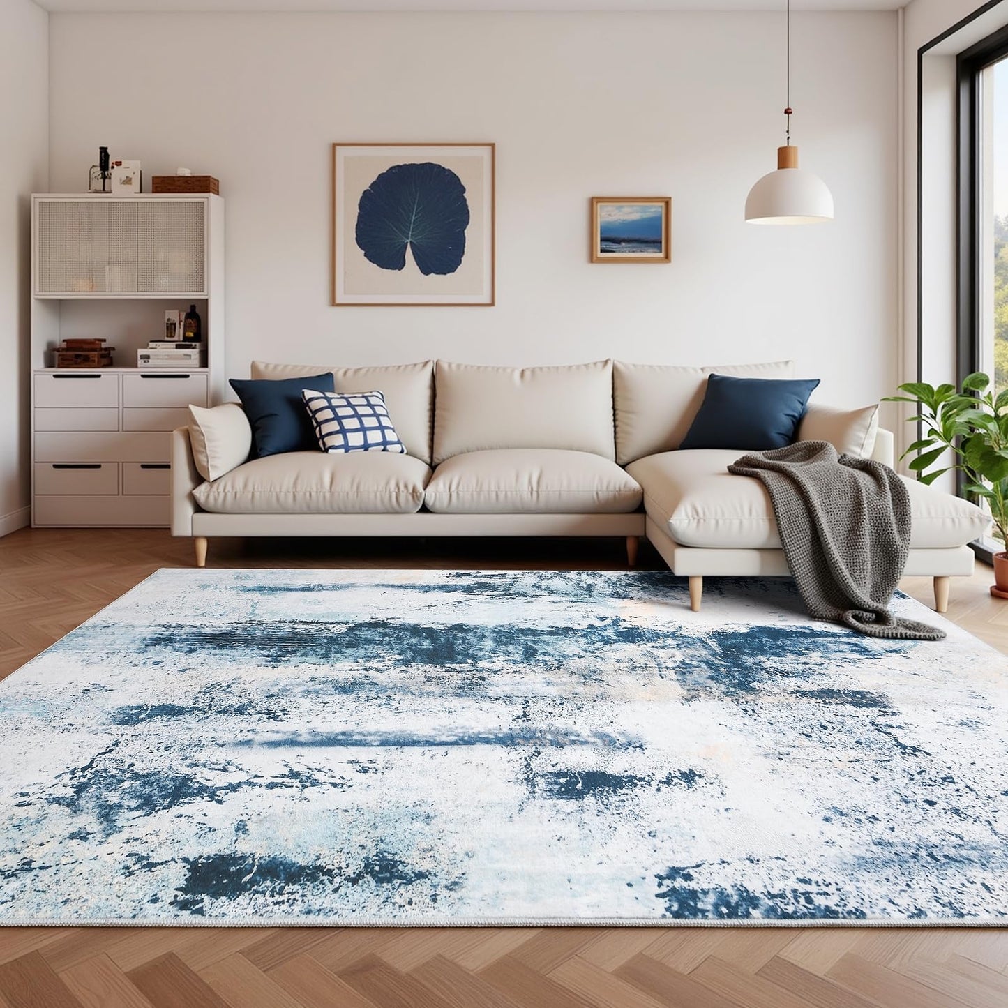 Macgace Modern Abstract Rugs for Living Room, 5'x7' Machine Washable Area Rug with Non Slip Backing for Bedroom, Soft Floor Covering Contemporary Carpet for Dining Room Kitchen Home Office, Blue