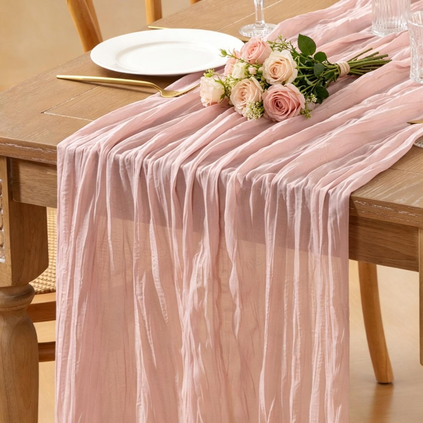 Loopiske Dusty Pink Cheesecloth Table Runner 12pcs 10FT Boho Rustic Gauze Cheese Cloth Table Runner 35x120 Inch for Spring Wedding Bridal Girl Baby Shower Birthday Home Decor