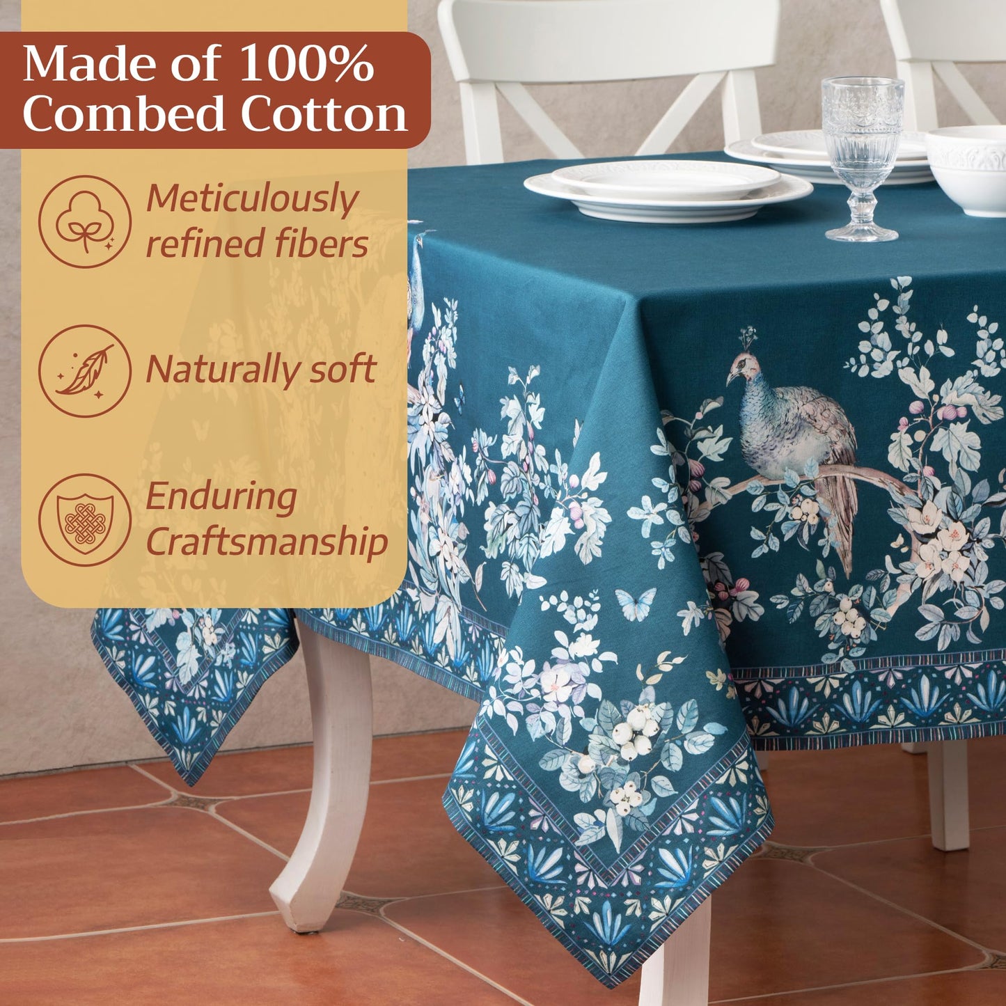 Maison d' Hermine Premium Table Cloth Rectangle Table 100% Combed Cotton 140 x 70 Inches Tablecloth Reusable Decorative for Dining Room, Farmhouse, Party, Festive & Wedding - Peacock Utopia - Deep Sea