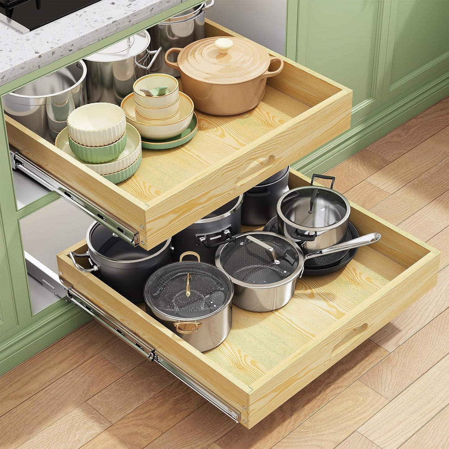 Skiennix Pull Out Cabinet Organizer - Soft Close Wooden Drawers for Pots & Pans | 21"W x 21"D x 3.4"H