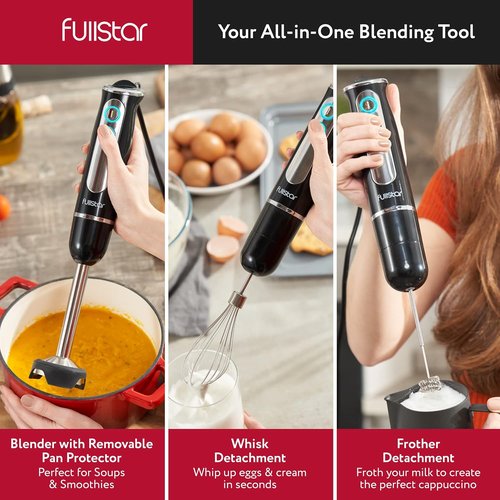 Fullstar Immersion Blender Set - 9-Speed 500W Handheld Electric Mixer for Smoothies | 3-in-1, Black