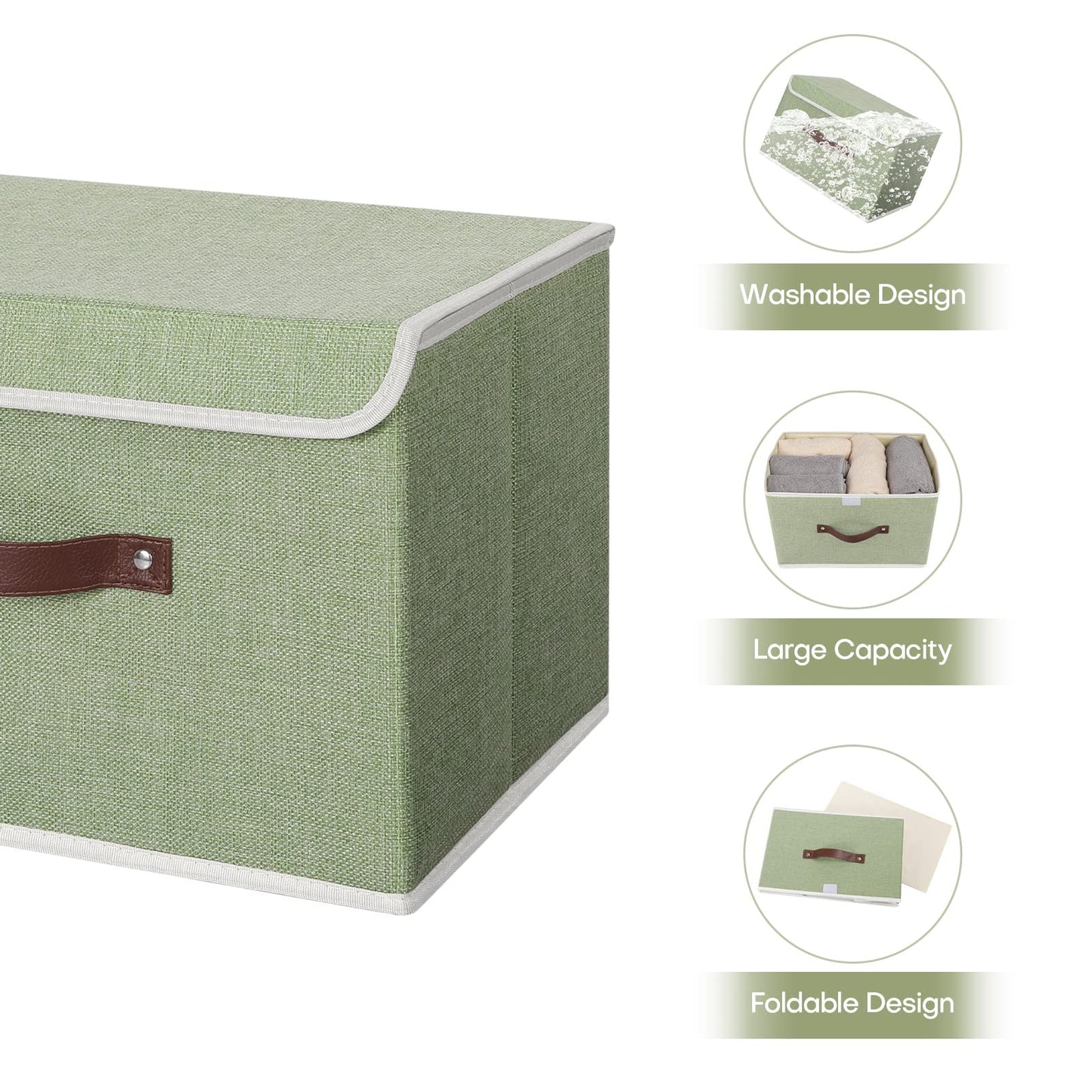 ANMINY 4PCS Storage Bins with Lid PU Leather Handles Storage Boxes PP Plastic Board Decorative Foldable Lidded Cotton Linen Fabric Home Cubes Baskets Closet Organizer Containers - Green, Large Size