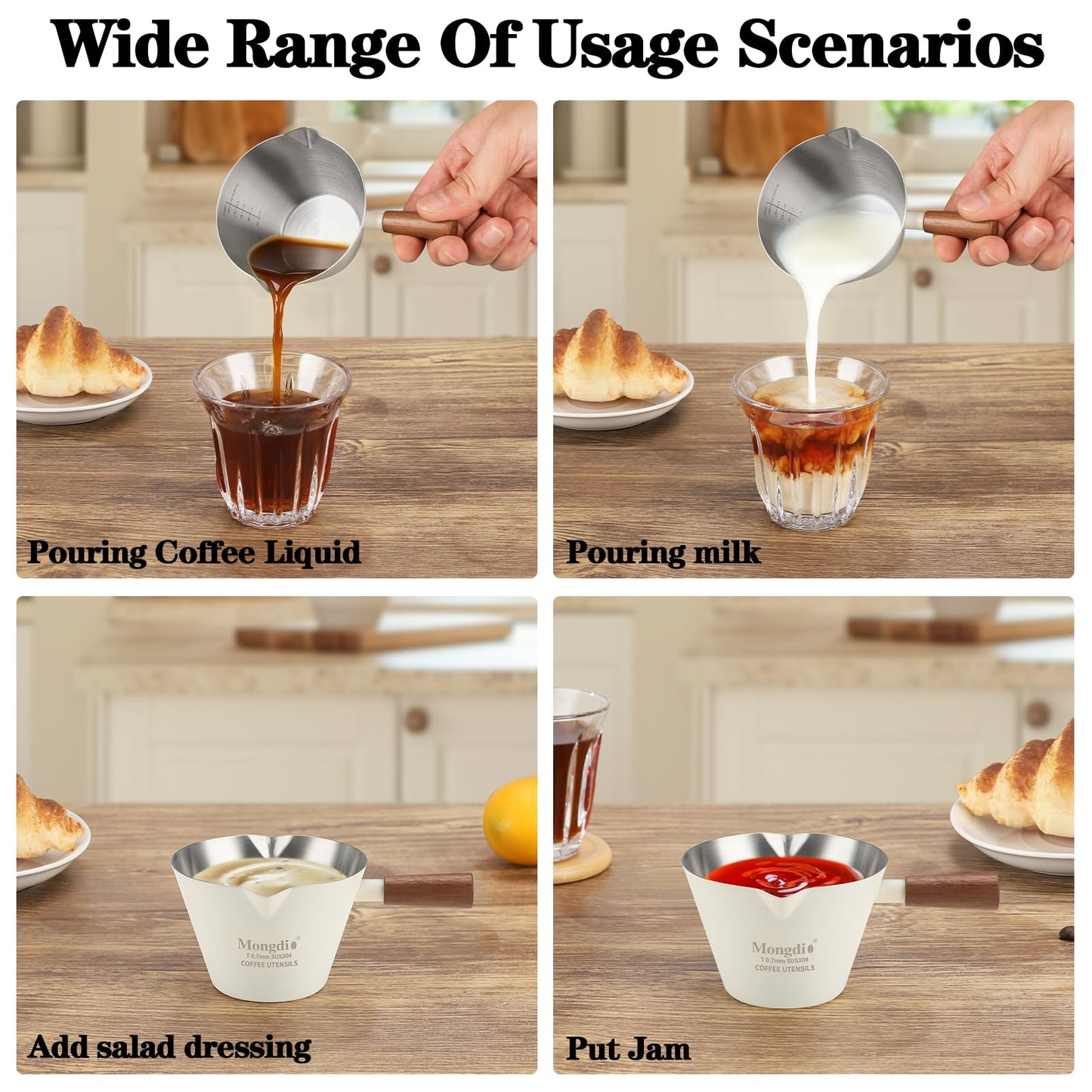 Mongdio Espresso Measuring Cup, Stainless Steel Espresso Shot Cups with Wooden Handle and Double Spouts, 6.8OZ/200ML, White