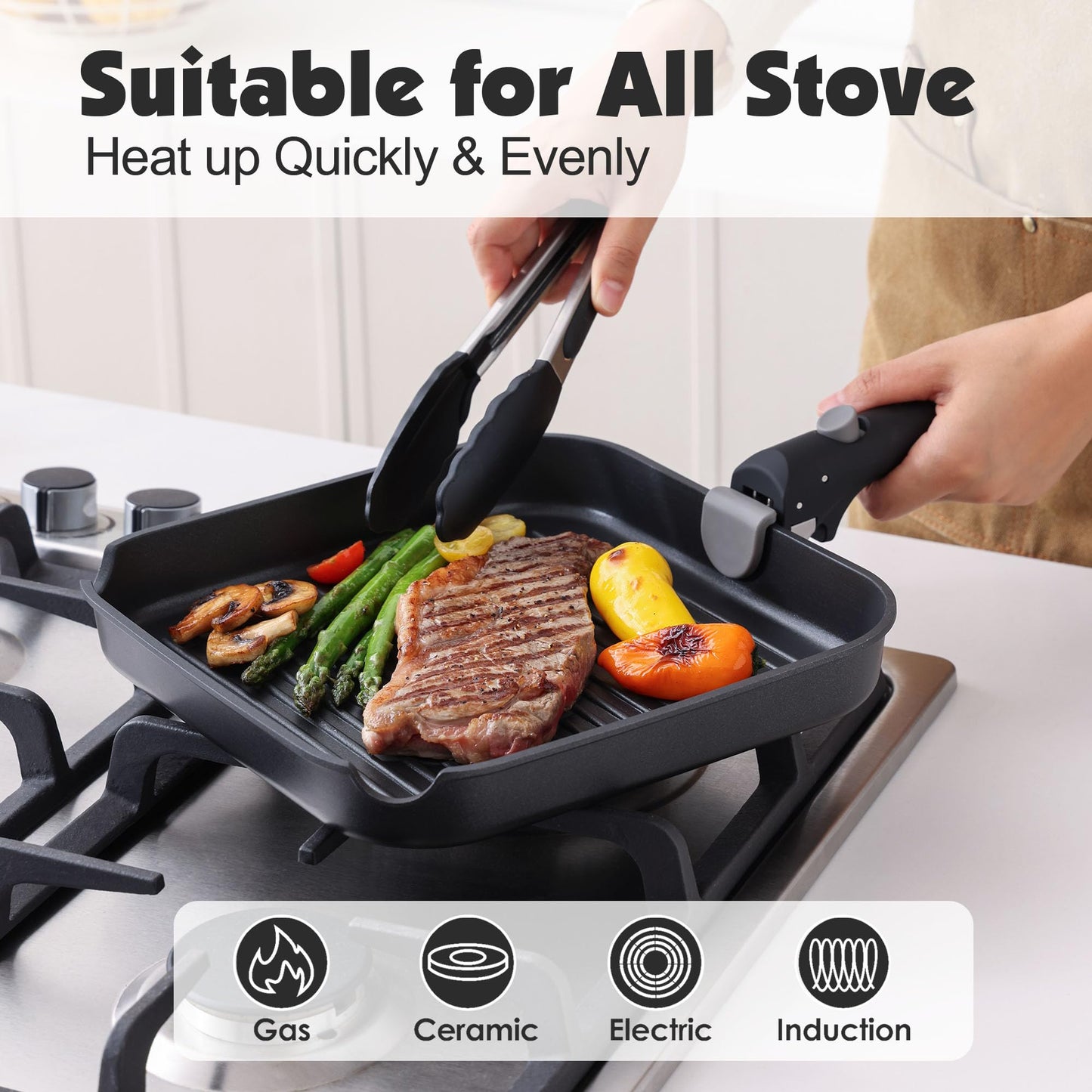 SENSARTE 17 Piece Pots and Pans Set, Nonstick Detachable Handle Cookware Set, Induction Kitchen Cookware Set with Removable Handle, Healthy Non Stick for RV, Dishwasher ＆ Oven Safe, PFOA Free (Black)