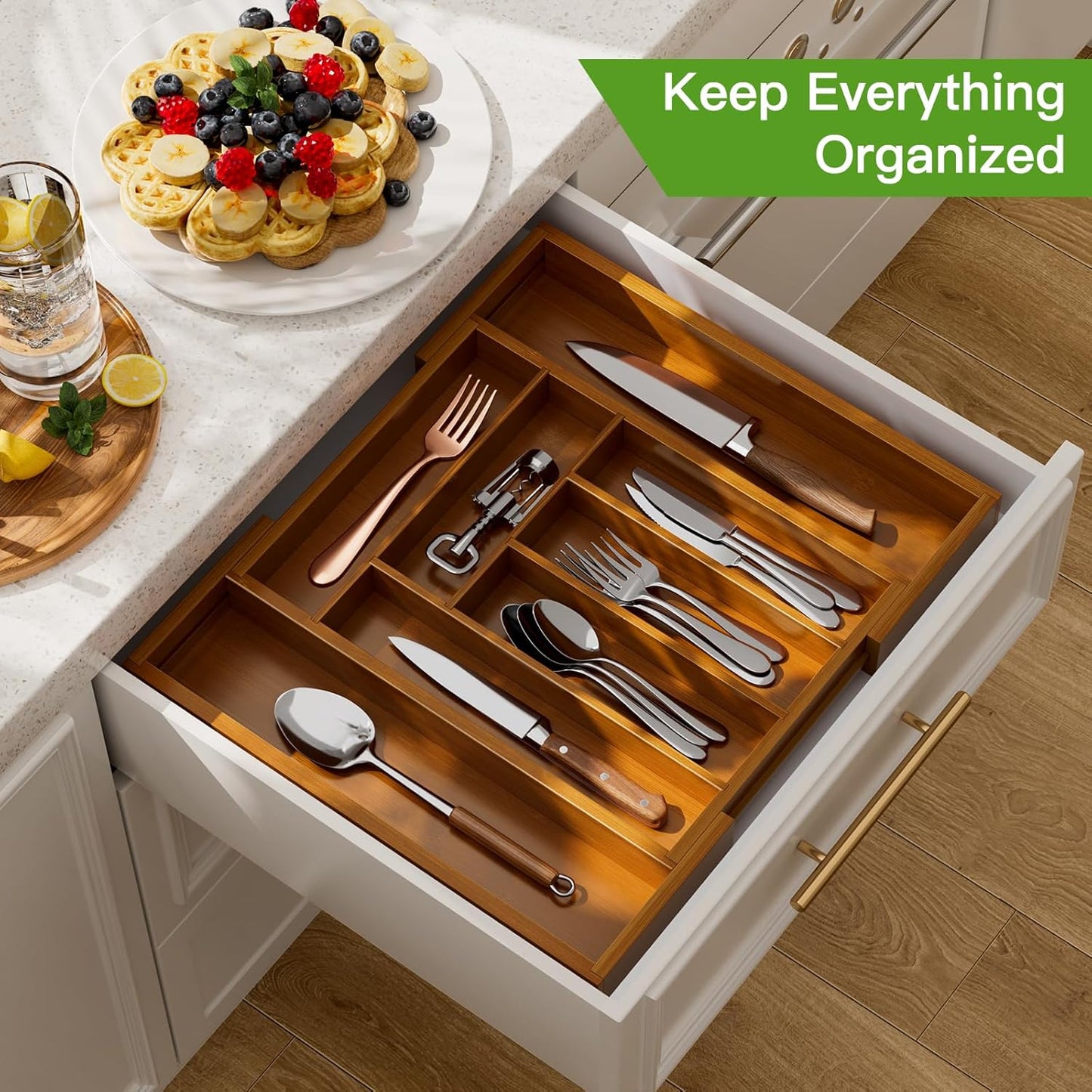 Pipishell Bamboo Expandable Drawer Organizer - Adjustable Utensil Holder for Kitchen & Home | Brown