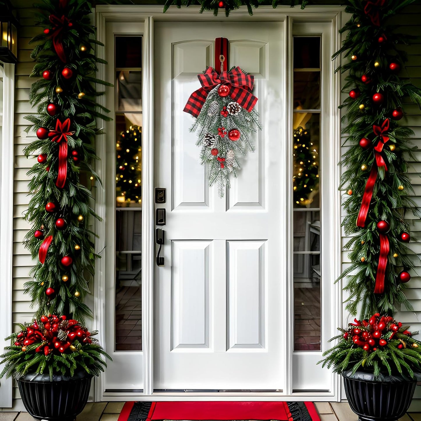 Regine Switzerland Christmas Swag | Teardrop Pine Cone Garland with Red Bow | Indoor/Outdoor Decor