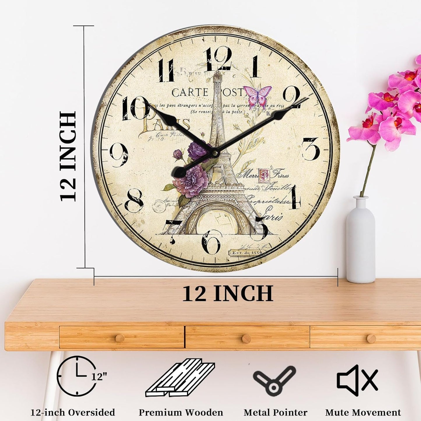 12-Inch Retro Paris Eiffel Tower Wall Clock - Silent Battery Operated Decor for Kitchen & Living Room