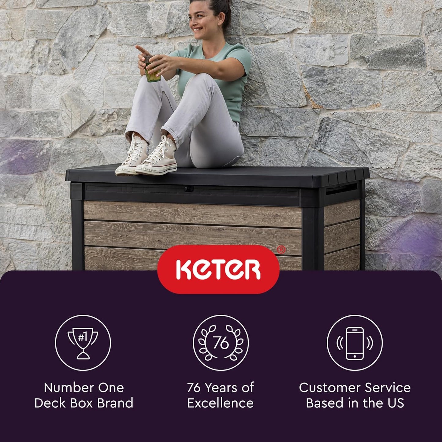 Keter Ashwood 100 Gallon Resin Deck Box - Outdoor Storage for Patio Furniture, Cushions & Tools | Brown