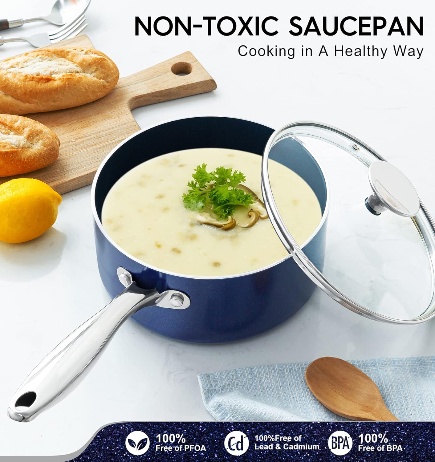 Michelangelo Nonstick Ceramic Saucepan - 1 Quart with Lid & Stainless Steel Handle - Blue
