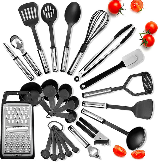 Skiennix 24-Piece Kitchen Utensils Set | Heat Resistant Nylon Tools with Stainless Steel Handles - Black