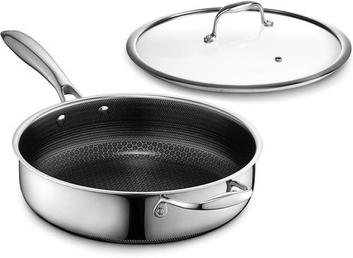 HexClad Hybrid Nonstick Deep Sauté Pan - 3.3 Quart with Tempered Glass Lid & Stay-Cool Handle