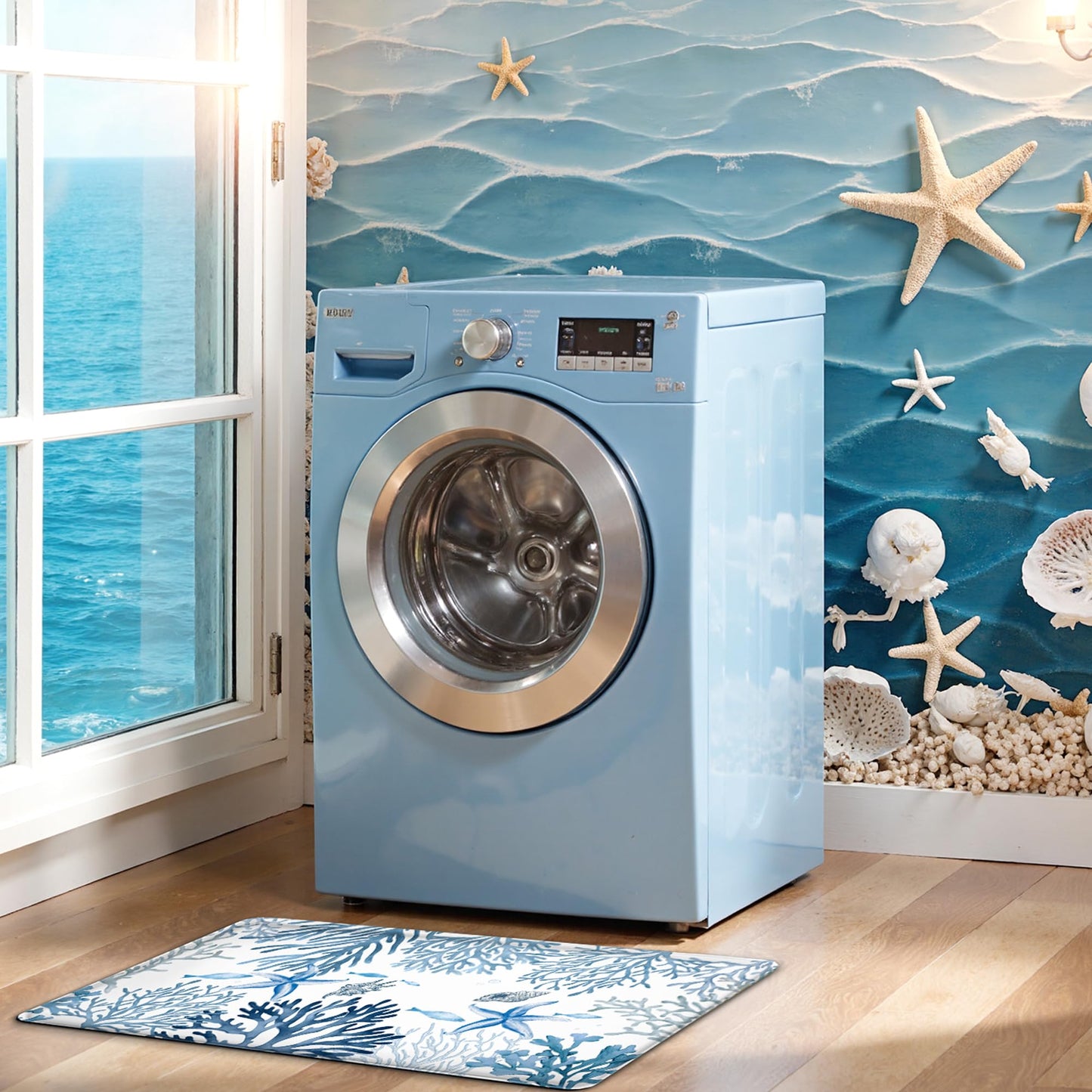 Kitchen Mats for Floor Cushioned Anti Fatigue Sets of 2 Coastal Kitchen Rugs Non Slip Waterproof Nautical Foam Kitchen Floor Rug Beach Theme Coral Fish Comfort Standing Mat for Sink Laundry, Blue