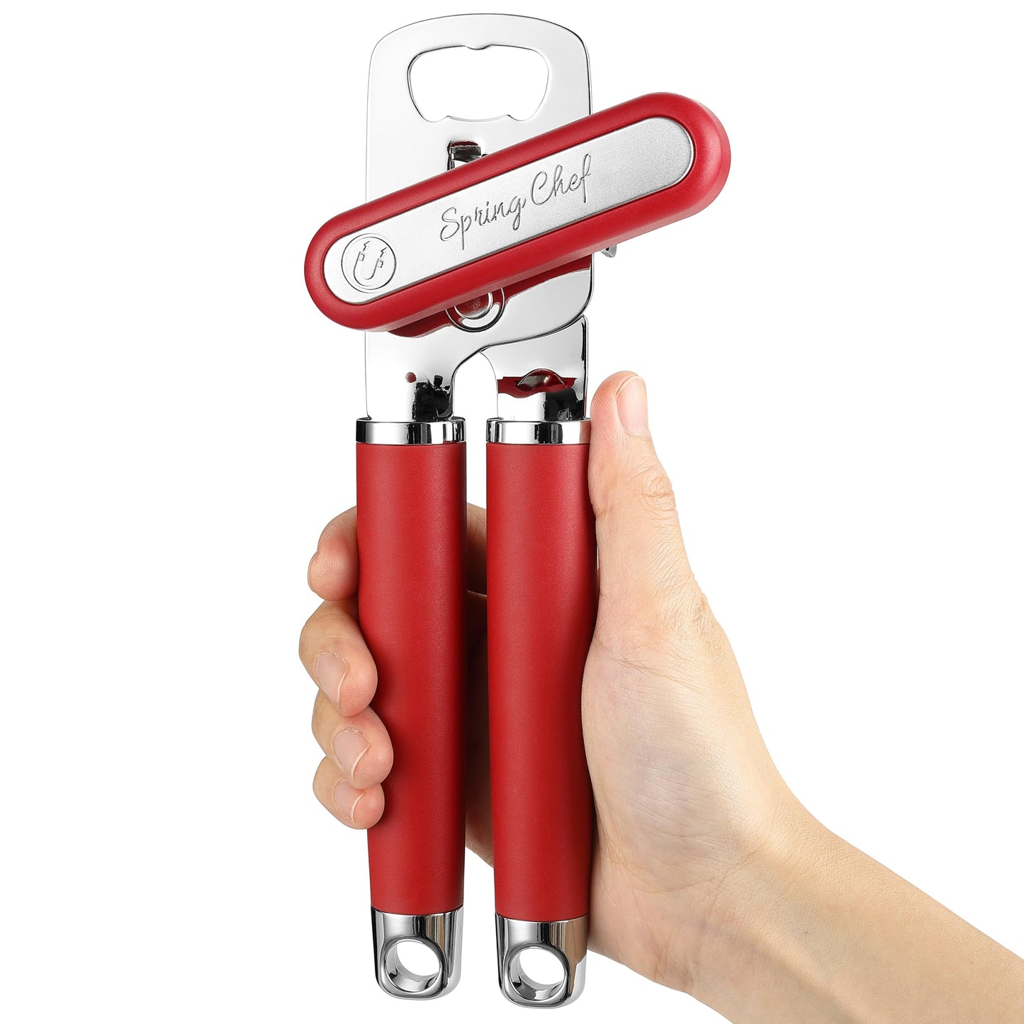 Spring Chef Stainless Steel Can Opener - Manual with Soft Grip Handles, Easy Turn, Heavy Duty Hand Can Opener for Seniors with Smooth Edge - Red