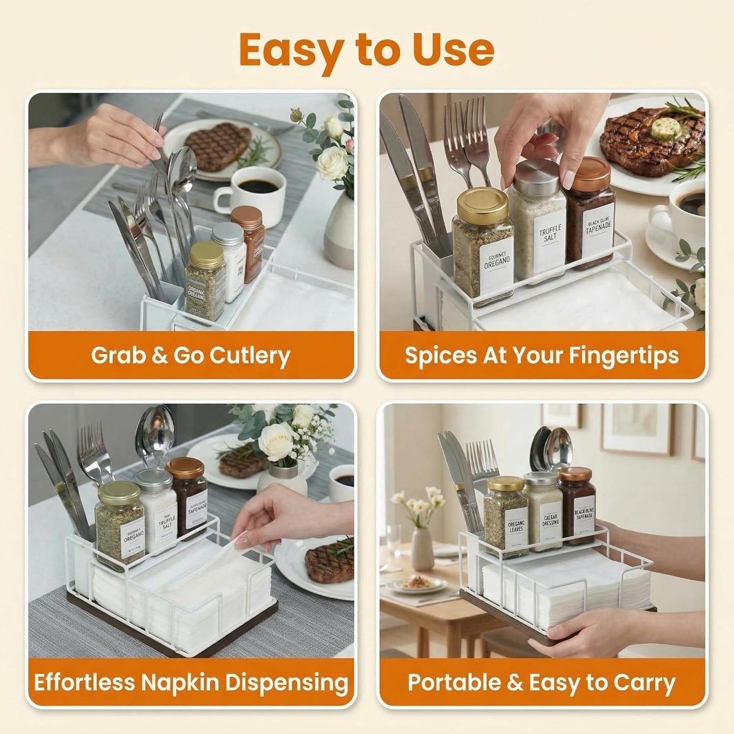 Wood & Metal Napkin Holder by [Brand Name] - 3-in-1 Utensil Caddy & Spice Rack for Kitchen & Patio (White)