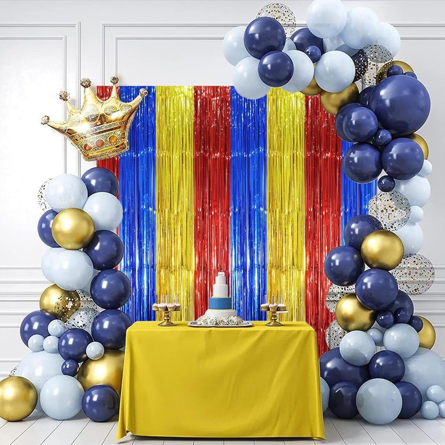 Voircoloria 3 Pack Tinsel Streamer Backdrop Curtains - Blue, Red & Gold Foil Fringe | 3.3 x 8.2 Ft Party Decorations