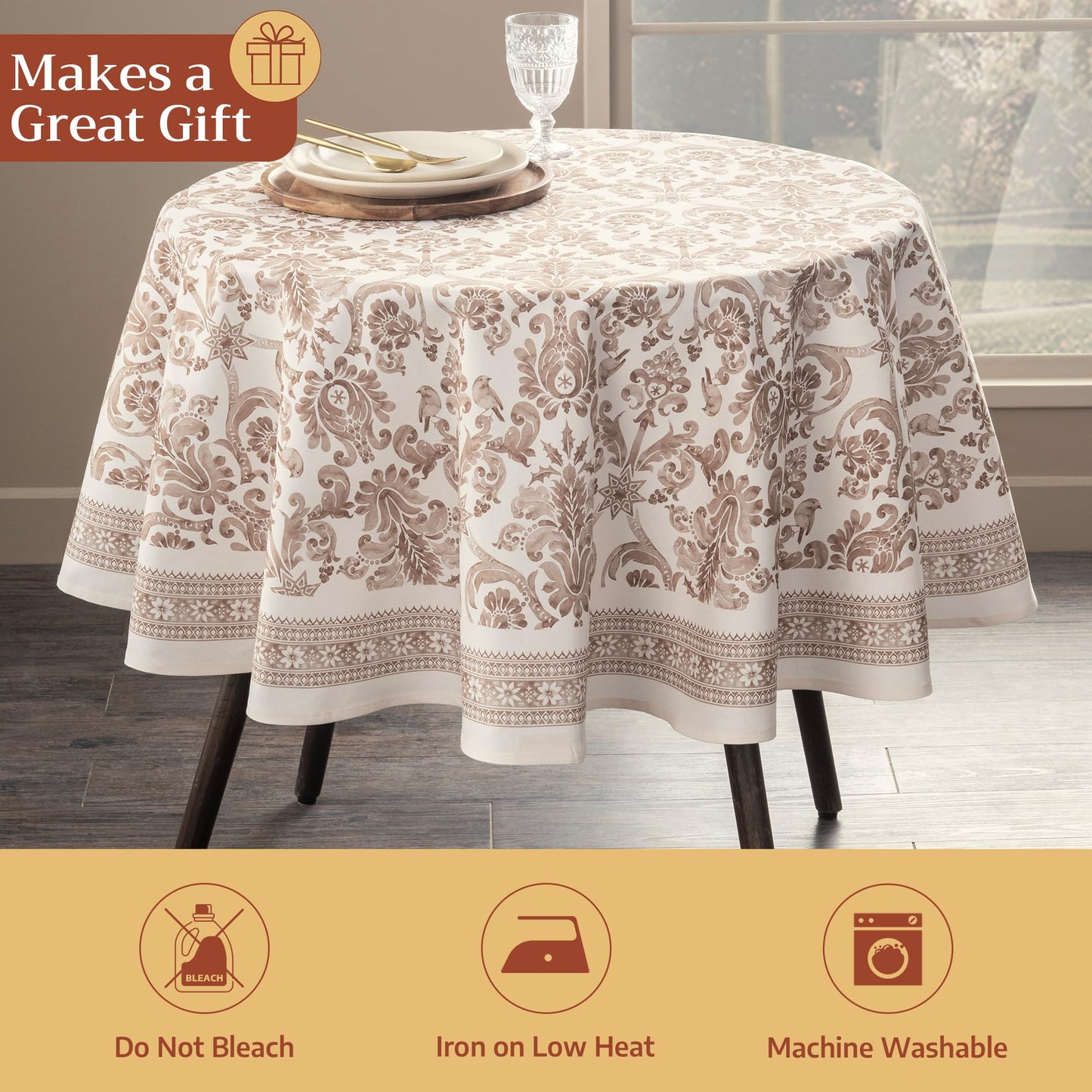 Maison d' Hermine Table Cloth Round Table 100% Cotton 63 Inches Fall Tablecloth Reusable Everyday Use for Thanksgiving Christmas Decorations Dining Farmhouse Party (Allure)