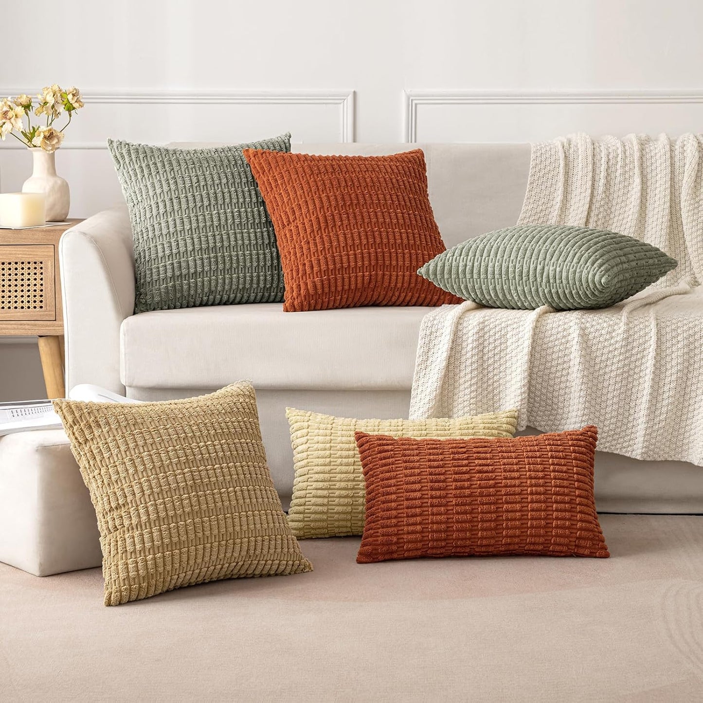 MIULEE Corduroy Throw Pillow Covers - Soft Boho Striped Design | 16x16 Inch Light Olive Green - Perfect for Modern Farmhouse Decor