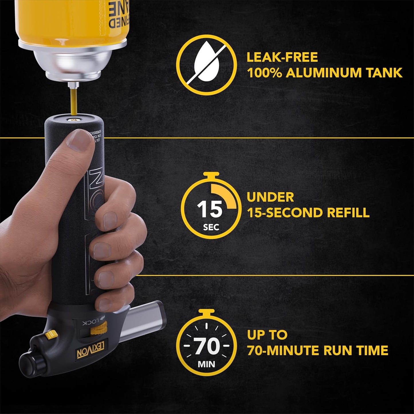 LEXIVON Butane Torch Lighter - Refillable Kitchen Cooking Torch with Safety Lock & Adjustable Flame | Pro-Grade Aluminum Tank (LX-775)