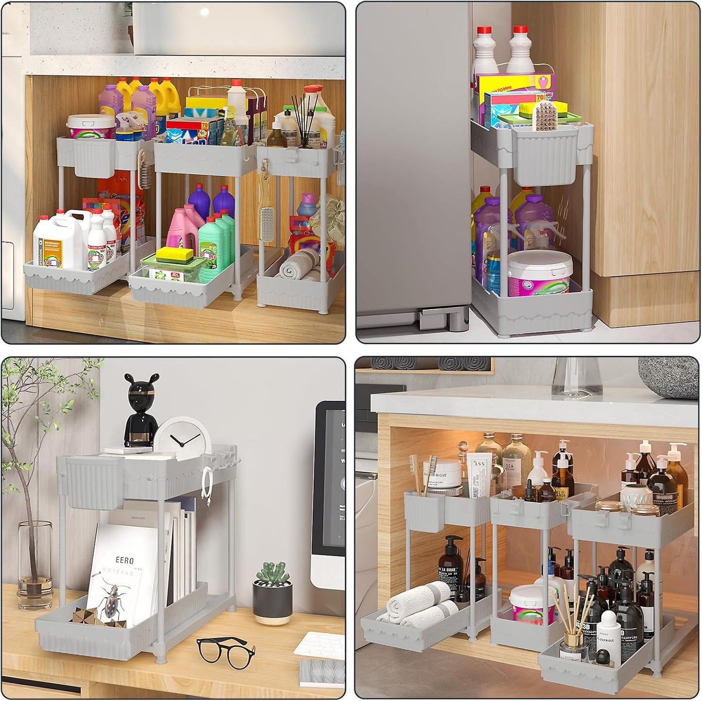 Sevenblue 3-Pack Under Sink Organizers - 2-Tier Kitchen & Bathroom Storage with Sliding Drawers | Gray, 12.8 Inch