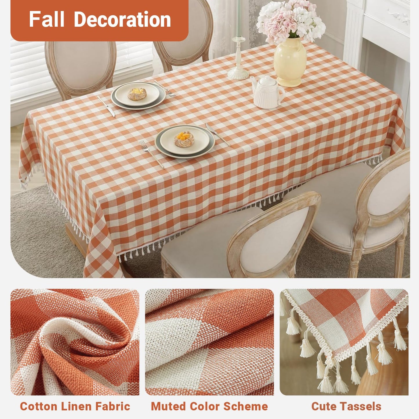 Laolitou Orange Checkered 60" Round Tablecloth (Fits 30-48" Table) Washable Buffalo Plaid Table Cloth with Tassel Cotton Linen Gingham Table Cover for Fall Decorations, Orange, Round