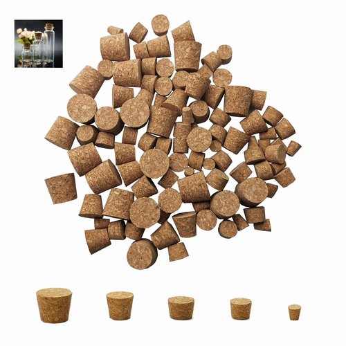 Cork Stoppers - 100-Pack Mini Cork Stoppers, Tapered Corks Bottle Plugs, 5 Sizes