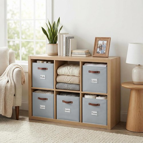DECOMOMO Storage Cubes - 13x13x13 Fabric Organizer Bins with Labels | Set of 6 in Grey