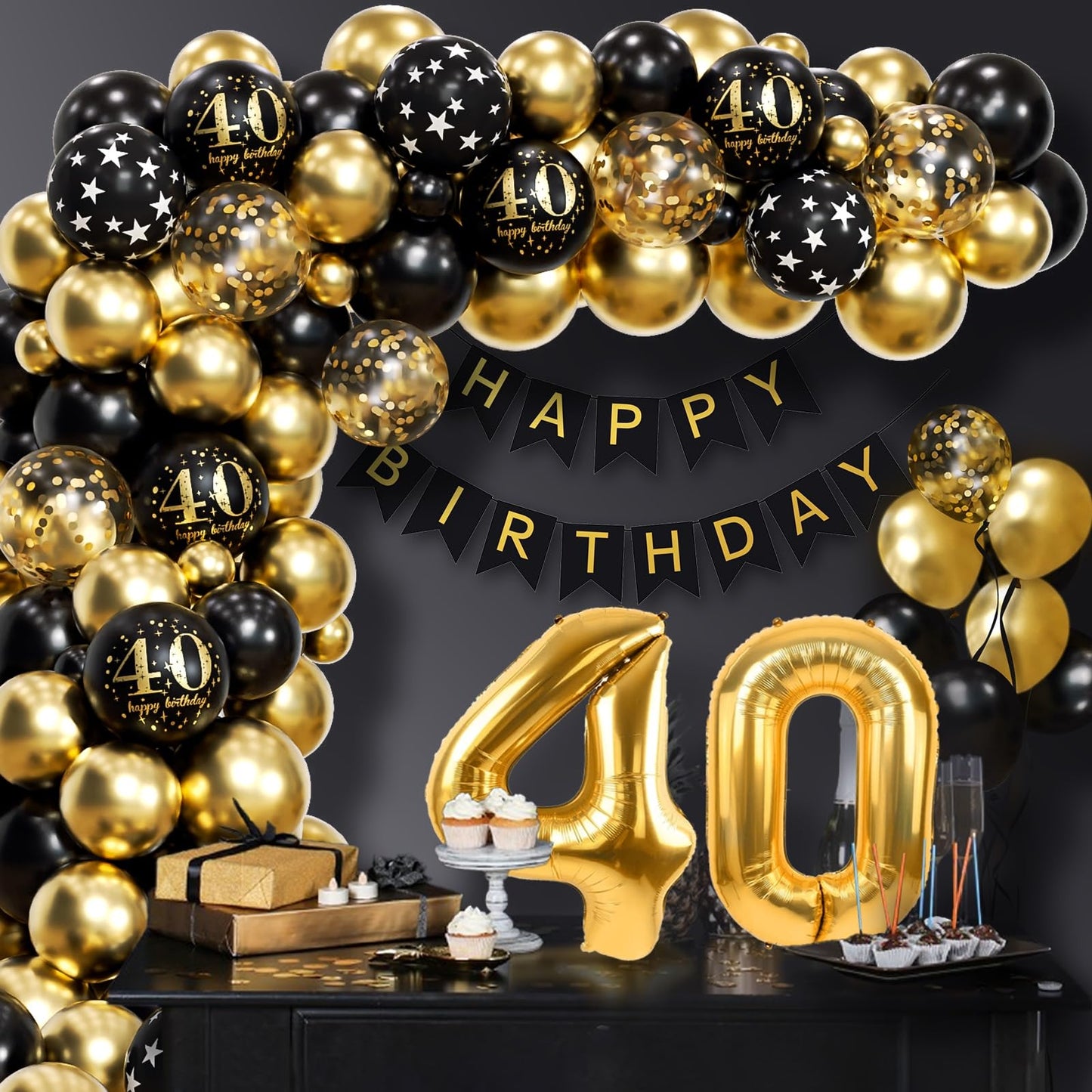 115pcs 40th Birthday Balloon Arch with Black Gold Balloon Garland happy Birthday Banner 40th Foil Balloon for 40th Birthday Decorations for Men or Women Anniversary Decorations