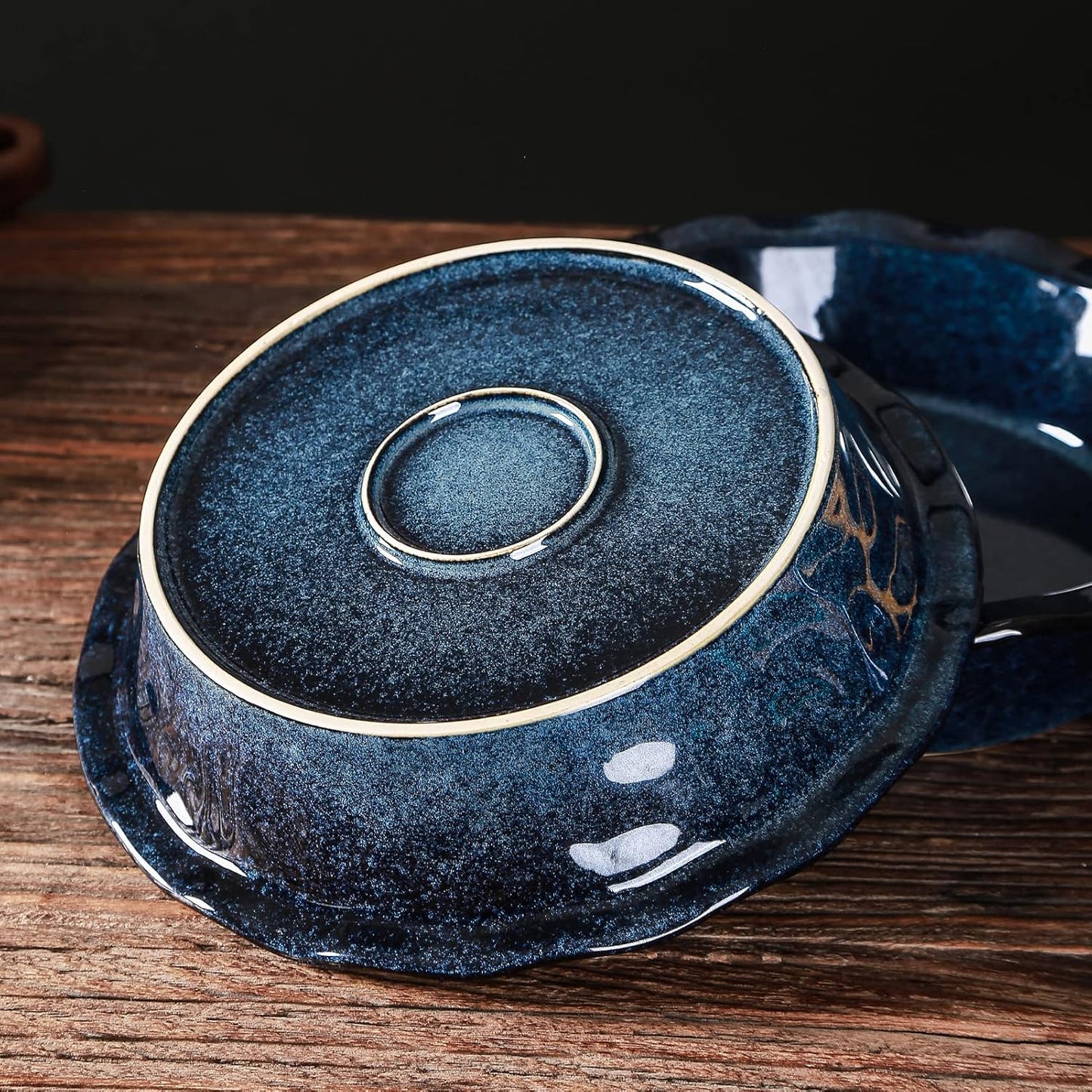 Vicrays Ceramic Pie Pan - 9-Inch Round Fluted Deep Dish for Baking Tart, Pizza, Quiche | Starry Blue Reactive Glaze