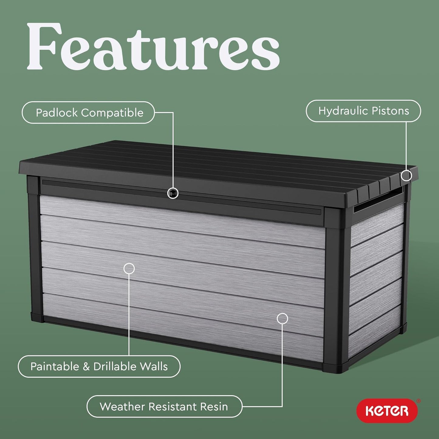 Keter Denali 150 Gallon Resin Deck Box - Durable Double Wall Design for Outdoor Storage | Grey & Black